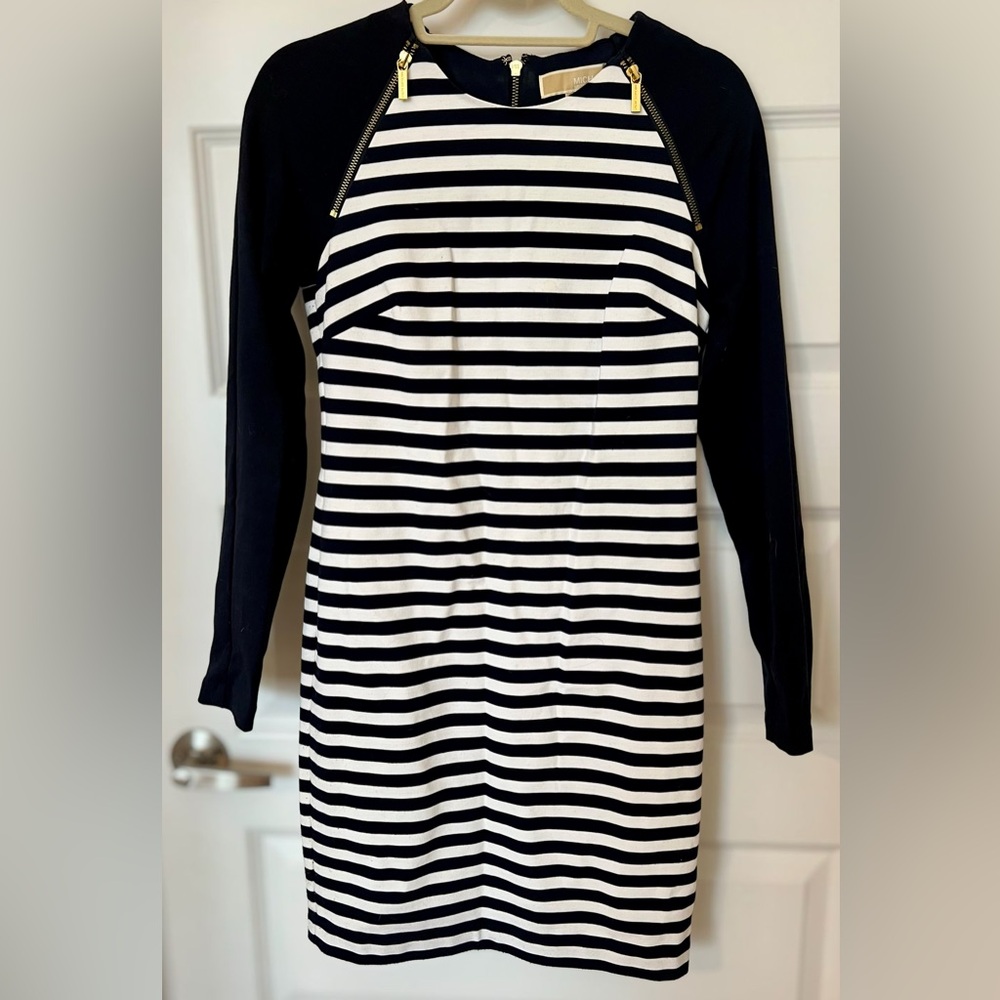 Michael Kors Navy and White Striped Knit Dress